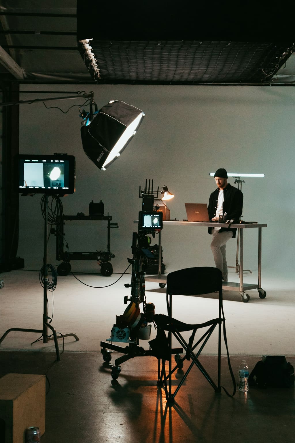 Interview filming setup with lighting